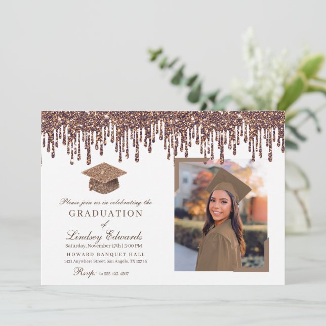 Glitter Drip Bronze Gold Graduation Photo Invitation (Standing Front)