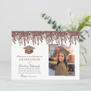 Glitter Drip Bronze Gold Graduation Photo Invitation