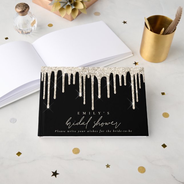 Glitter Drip Cream Script Bridal Shower Black Guest Book (Front Open)