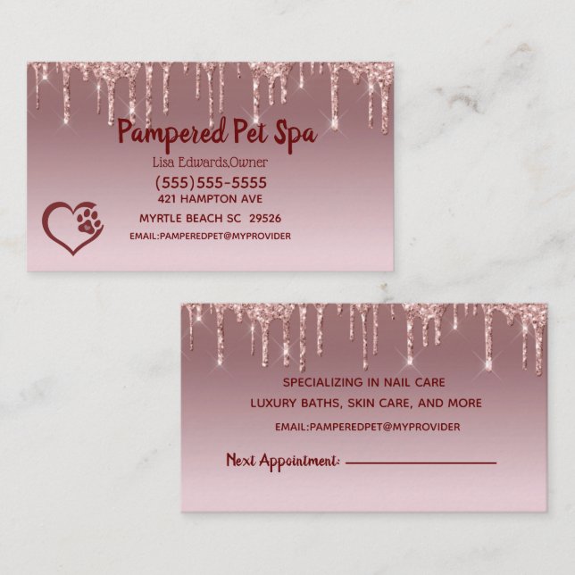 Glitter Drip Dog Grooming Dog Spa Appointment Card (Front/Back)