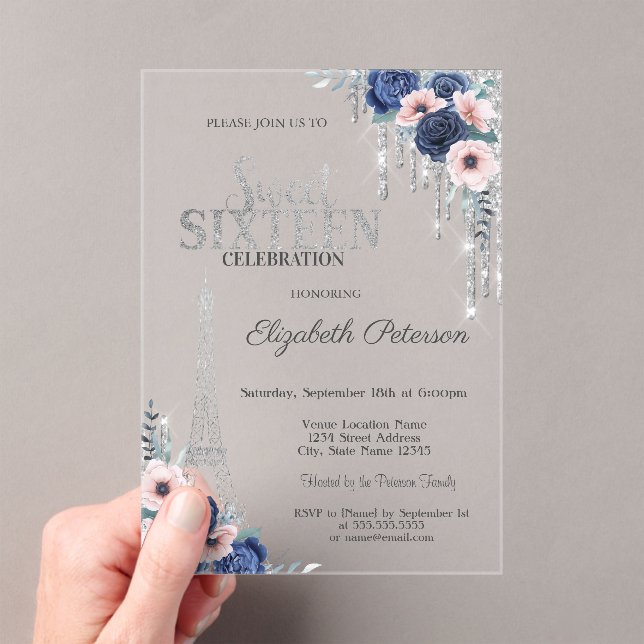  Glitter Drip,Eiffel Tower Blue Roses Sweet 16  Acrylic Invitations (Insitu (Handheld))