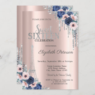  Glitter Drip,Eiffel Tower Blue Roses Sweet 16  Invitation