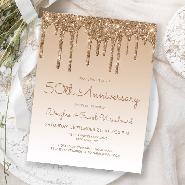 Glitter Drip Gold 50th Anniversary Invitation Postcard (Creator Uploaded)