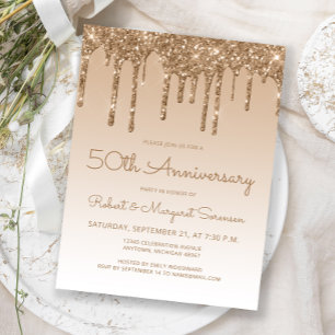 Glitter Drip Gold 50th Anniversary Invitation Postcard