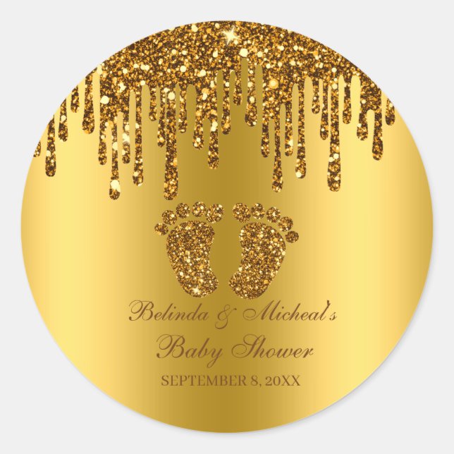 Glitter Drip Gold Baby Feet Baby Shower Classic Round Sticker (Front)