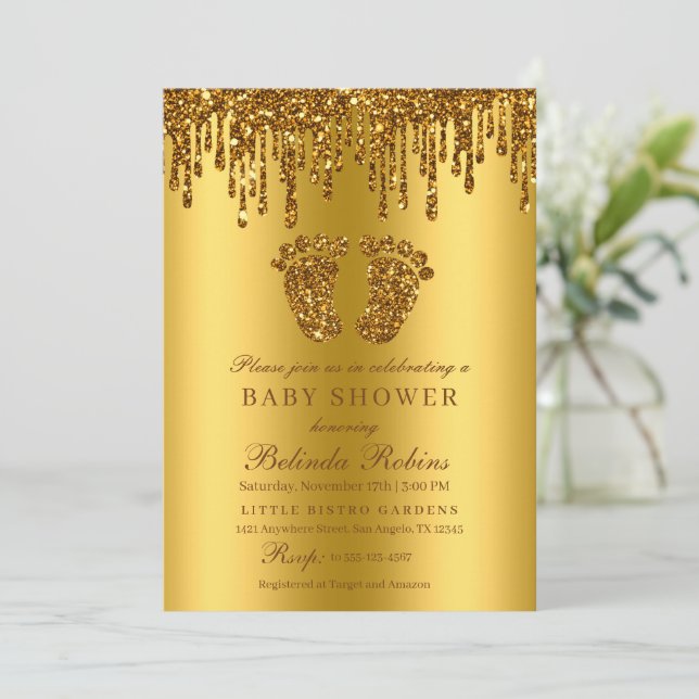 Glitter Drip Gold Baby Feet Baby Shower Invitation (Standing Front)