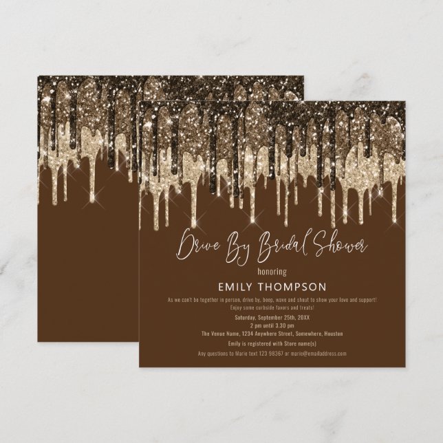 Glitter Drip Gold Brown Drive By Bridal Shower Invitation (Front/Back)