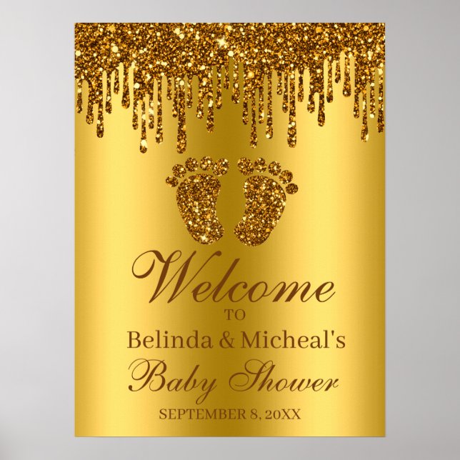 Glitter Drip Gold Feet Baby Shower Welcome Sign (Front)
