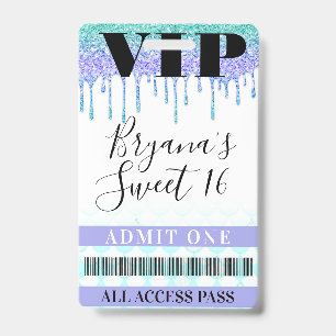 Glitter Drip Mermaid Teal Purple Sweet 16 VIP Pass ID Badge