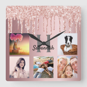 Glitter drip photo collage pink metal family square wall clock