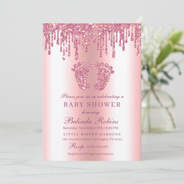 Glitter Drip Pink Baby Feet Baby Shower Invitation (Standing Front)