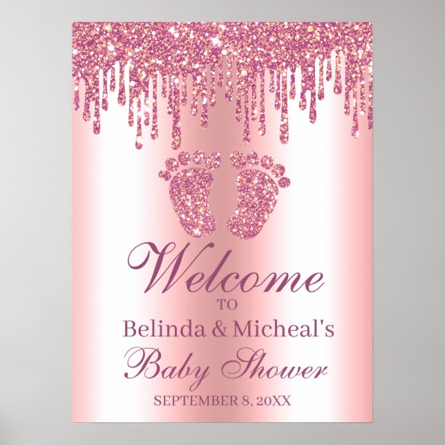 Glitter Drip Pink Feet Baby Shower Welcome Sign (Front)