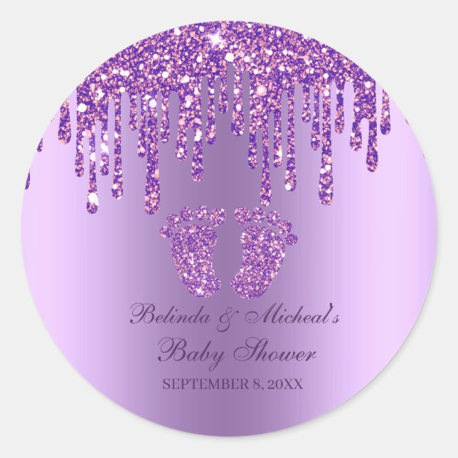 Glitter Drip Purple Baby Feet Baby Shower  Classic Round Sticker (Front)