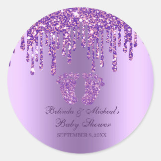 Glitter Drip Purple Baby Feet Baby Shower Classic Round Sticker