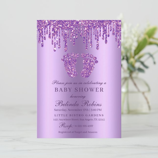 Glitter Drip Purple Baby Feet Baby Shower Invitati Invitation (Standing Front)