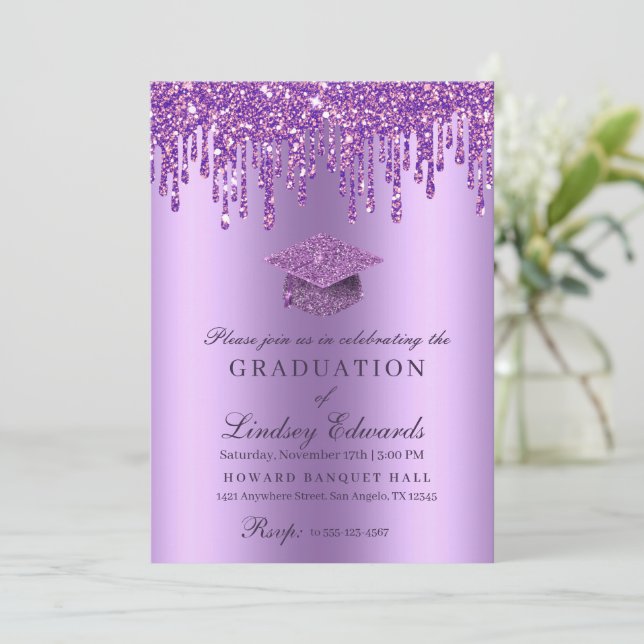 Glitter Drip Purple Graduation Invitation (Standing Front)