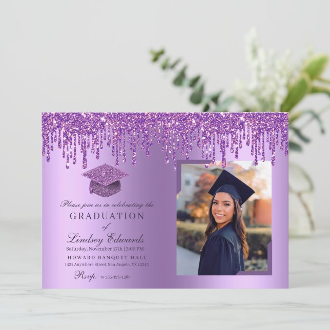 Glitter Drip Purple Graduation Photo Invitation (Standing Front)