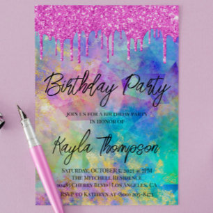 Glitter Drip Rainbow Birthday Party Invitation