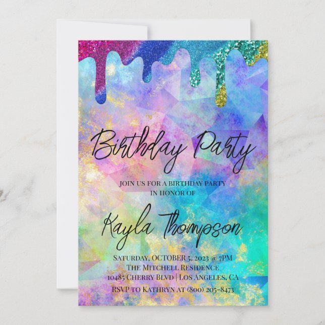 Glitter Drip Rainbow Birthday Party Invitation (Front)
