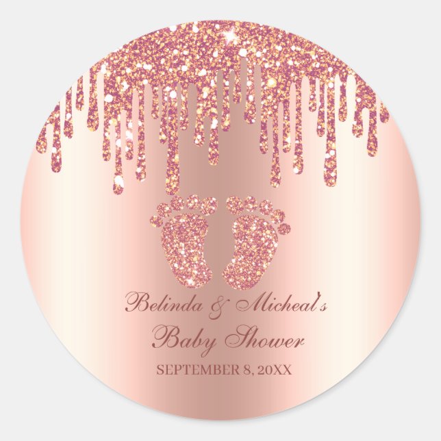 Glitter Drip Rose Gold Baby Feet Baby Shower Classic Round Sticker (Front)