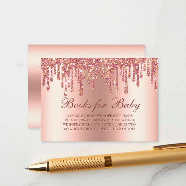 Glitter Drip Rose Gold Baby Shower Books For Baby Enclosure Card (Front/Back In Situ)