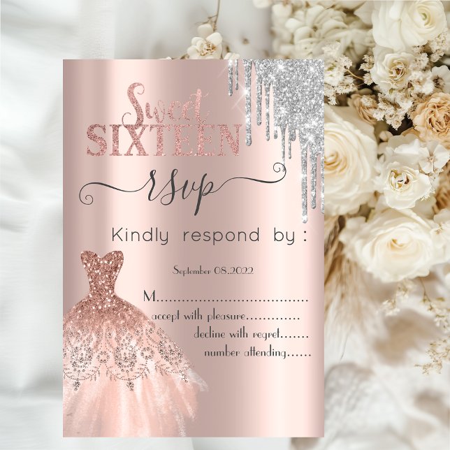  Glitter Drip Rose Gold Dress Sweet 16 RSVP   Invitation (Creator Uploaded)