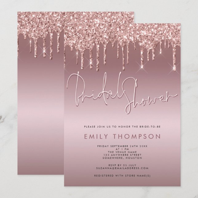 Glitter Drip Rose Gold Script Bridal Shower Invitation (Front/Back)