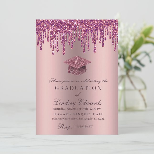 Glitter Drip Rose Pink Graduation Invitation (Standing Front)