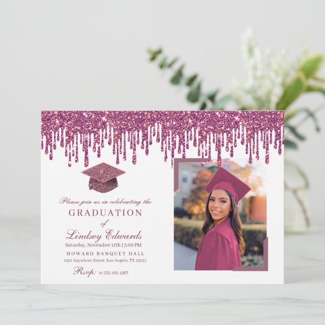 Glitter Drip Rose Pink Graduation Photo Invitation (Standing Front)