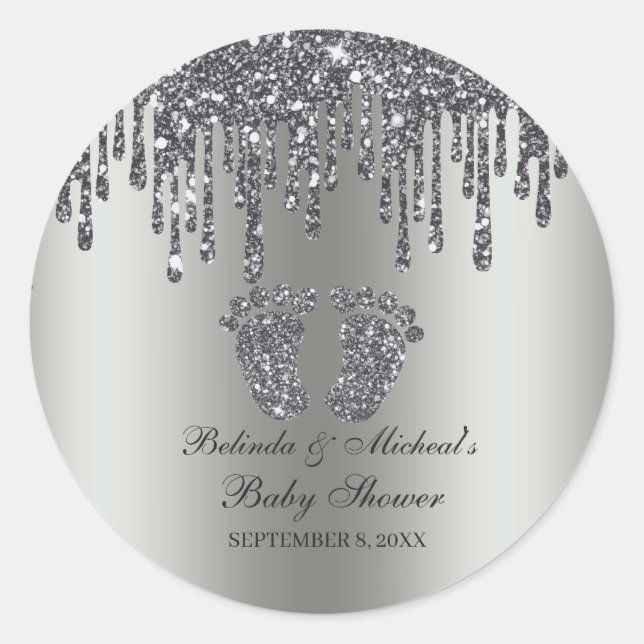Glitter Drip Silver Baby Feet Baby Shower Classic Round Sticker (Front)