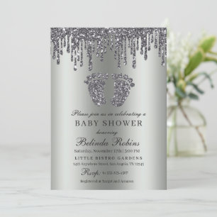 Glitter Drip Silver Baby Feet Baby Shower Invitation