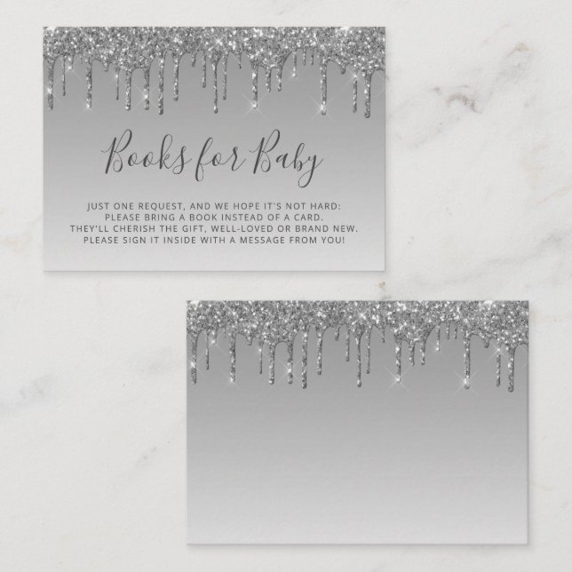 Glitter Drip Silver Baby Shower Book Enclosure Card (Front/Back)