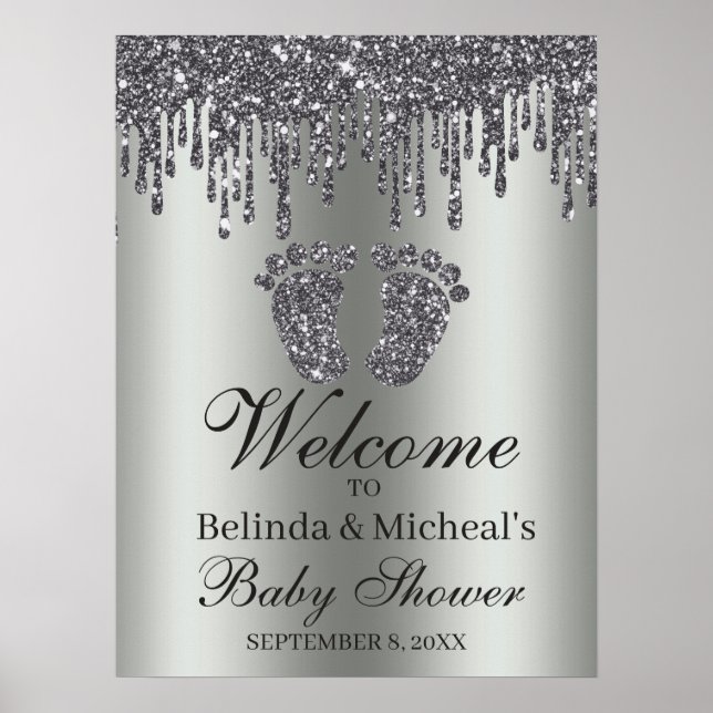 Glitter Drip Silver Feet Baby Shower Welcome Poster (Front)