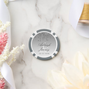 Glitter Drip Sparkle Ombre Script Silver Wedding Poker Chips