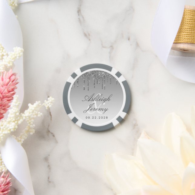 Glitter Drip Sparkle Ombre Script Silver Wedding Poker Chips (Wedding)
