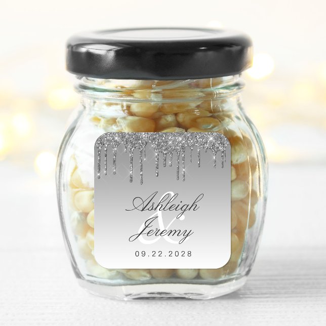 Glitter Drip Sparkle Ombre Script Silver Wedding Square Sticker (Creator Uploaded)