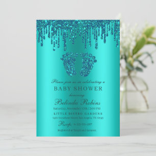 Glitter Drip Teal Green Baby Feet Baby Shower Invitation