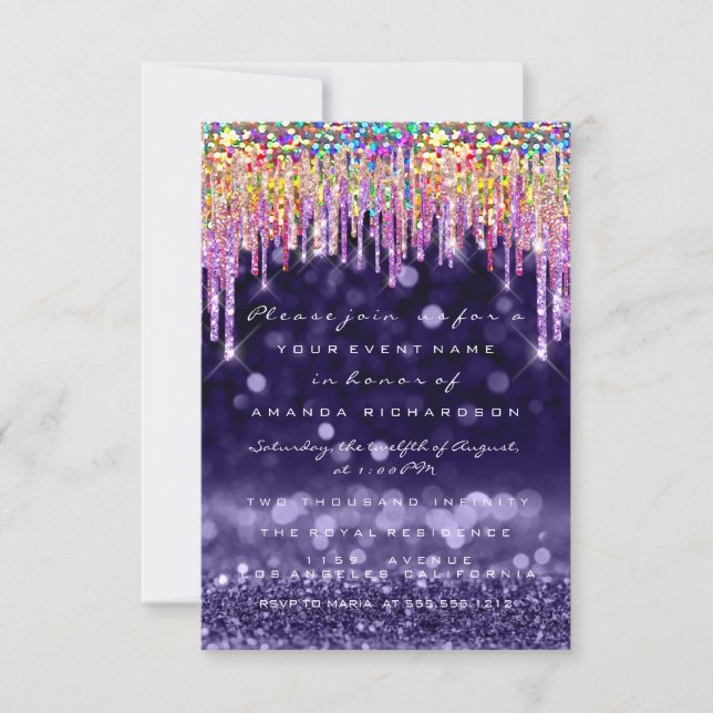 Glitter Drip Wedding Birthday Party Purple Rainbow Invitation (Front)