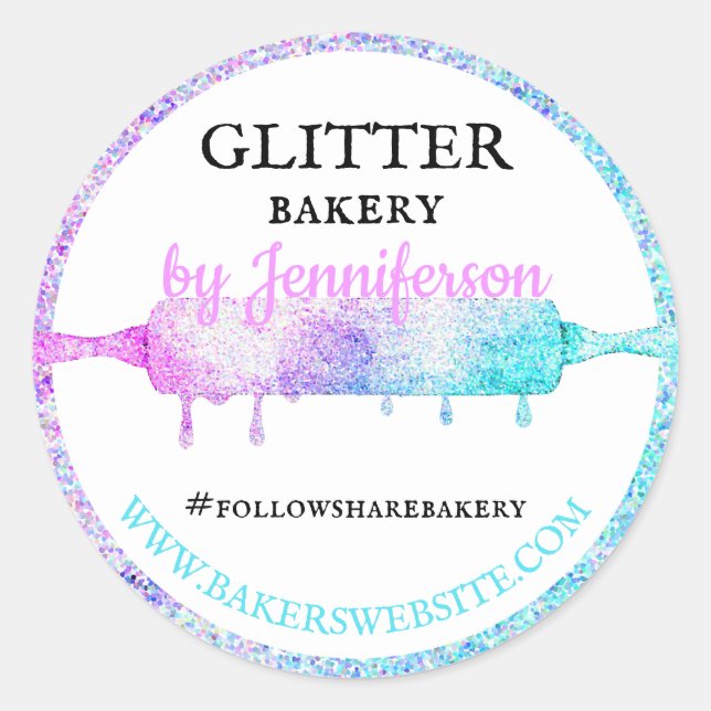 Glitter Dripping rolling pin teal pink Gift Bakery Classic Round Sticker (Front)