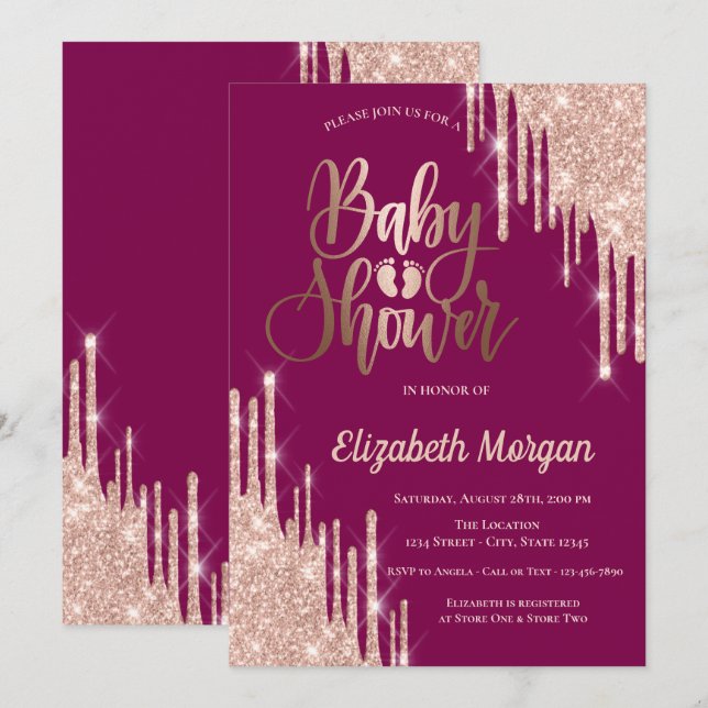  Glitter Drips Baby Foots Purple Baby Shower Invitation (Front/Back)
