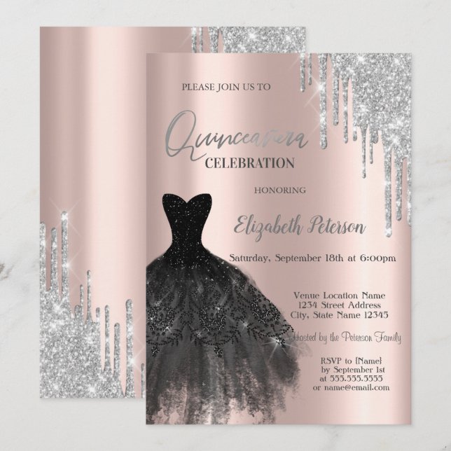  Glitter Drips,Black Dress Rose Gold 15th Birthday Invitation (Front/Back)