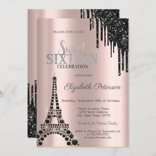 Glitter Drips,Black Eiffel Tower Sweet 16  Invitation (Front/Back)