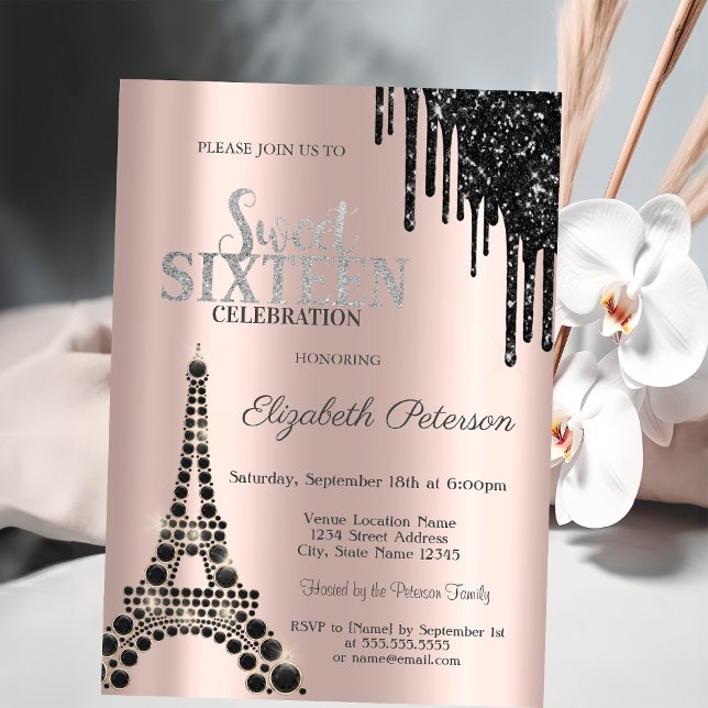 Glitter Drips,Black Eiffel Tower Sweet 16  Invitation (Creator Uploaded)