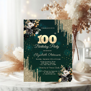 Glitter Drips Black Roses Green 100th Birthday  Invitation