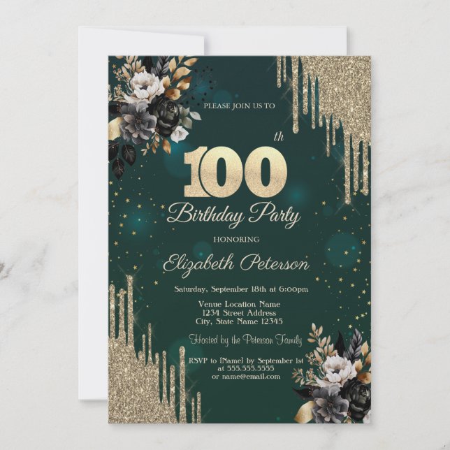 Glitter Drips Black Roses Green 100th Birthday  Invitation (Front)