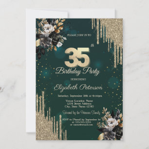 Glitter Drips Black Roses Green 35th Birthday Invitation