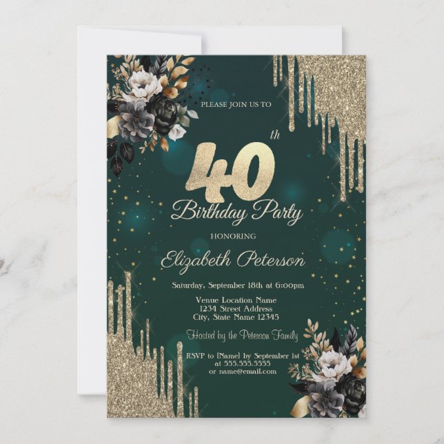 Glitter Drips Black Roses Green 40th Birthday  Invitation (Front)