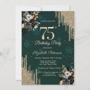 Glitter Drips Black Roses Green 75th Birthday  Invitation