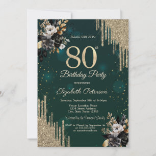 Glitter Drips Black Roses Green 80th Birthday  Invitation