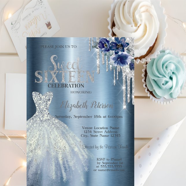 Glitter Drips,Blue Dress Flowers Metallic Sweet 16 Invitation (Creator Uploaded)